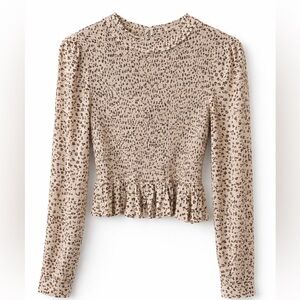 Patrons of Peace Beige Floral Smocked Peplum Long-Sleeve Top